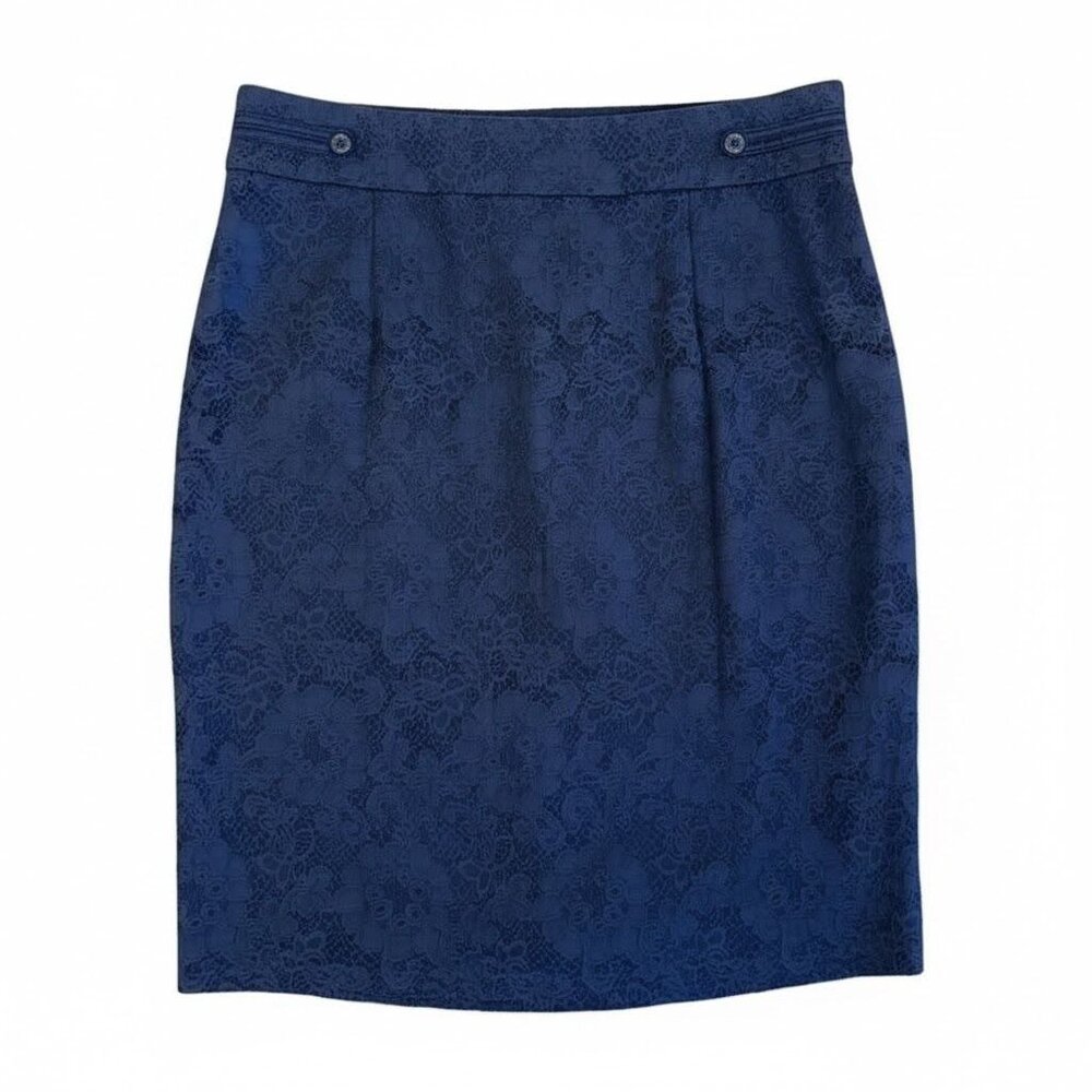 SoHo Apparel Navy Blue Floral Lace Pencil Skirt Women's Lined Professional